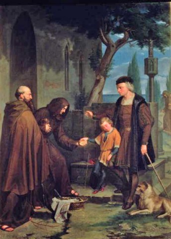 IND112775 Christopher Columbus at the gates of the monastery of Santa Maria de la Rabida with his son Diego, giving bread and water, 1858 (oil on canvas) by Mercade y Fabregas, Benito (1821-97) oil on canvas Prado, Madrid, Spain Index Spanish, out of copyright