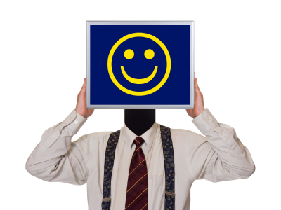 Businessman with smile computer screen isolated on white background